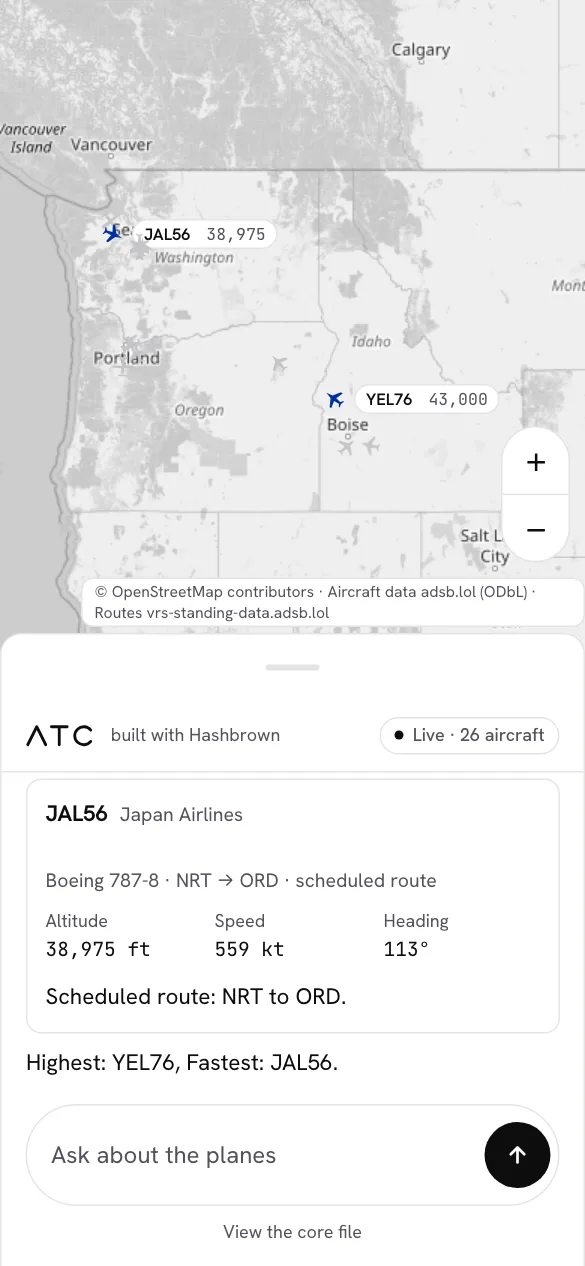 The atc example on a phone answering which planes are the highest and fastest, with a flight card under a map of the Pacific Northwest that labels both planes
