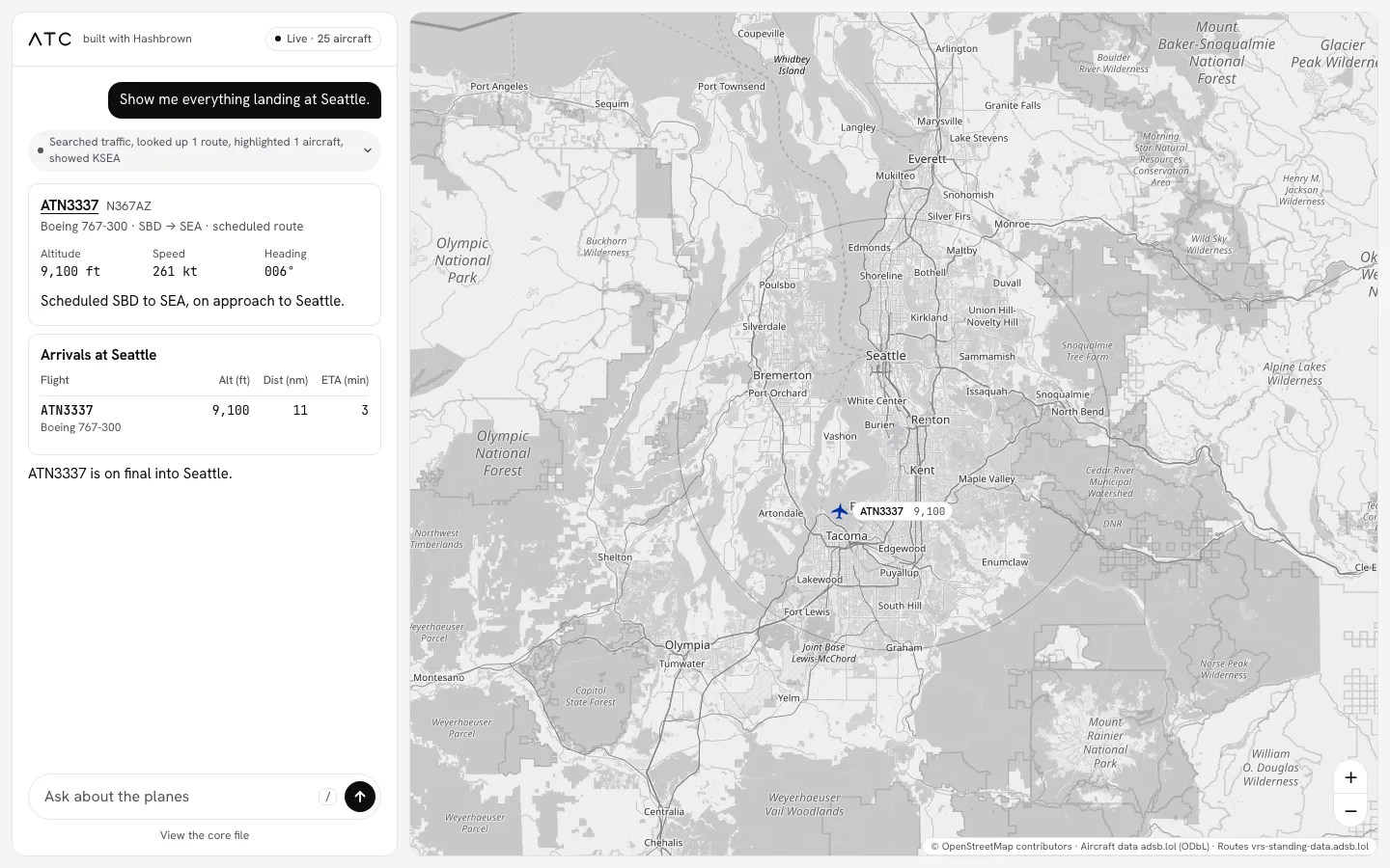 The atc example answering what is landing at Seattle with a flight card and an arrivals board, beside a map of the Seattle area that highlights the arriving plane