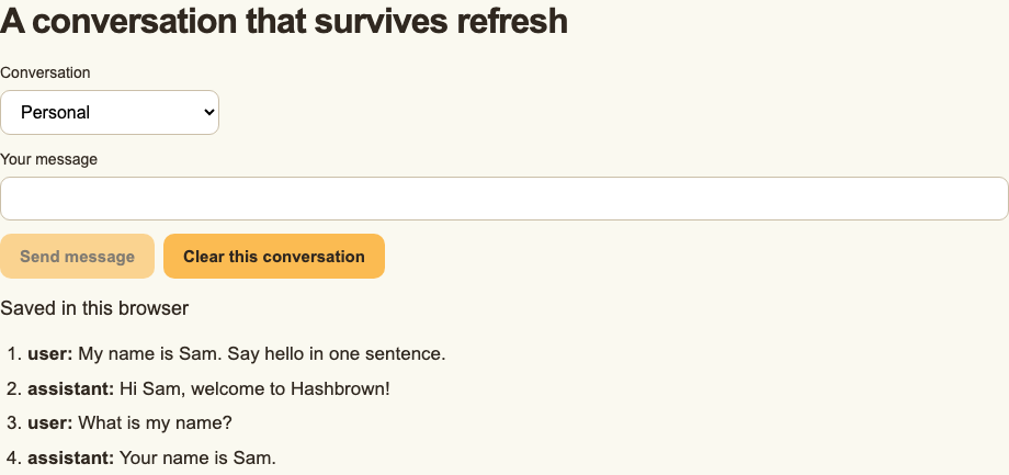 The Personal conversation restored in the browser, with Sam’s greeting and a follow-up that remembers the name.