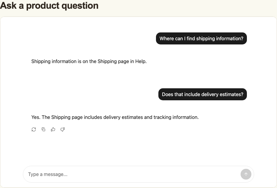 The Angular Threadplane conversation shows a shipping question, its reply, and a follow-up about delivery estimates.
