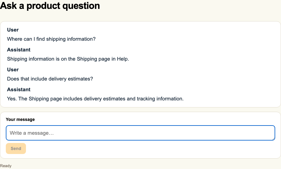 The React Threadplane conversation shows a shipping question, its reply, and a follow-up about delivery estimates.